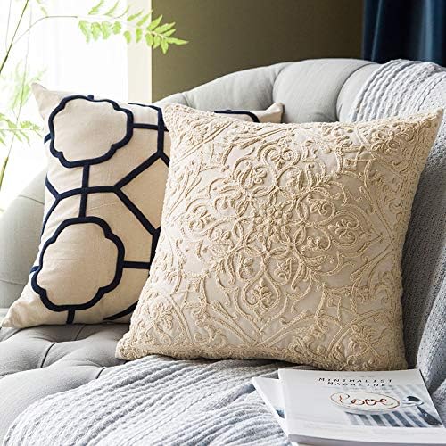 Beige Cotton Embroidered Pillow Covers Set of 2