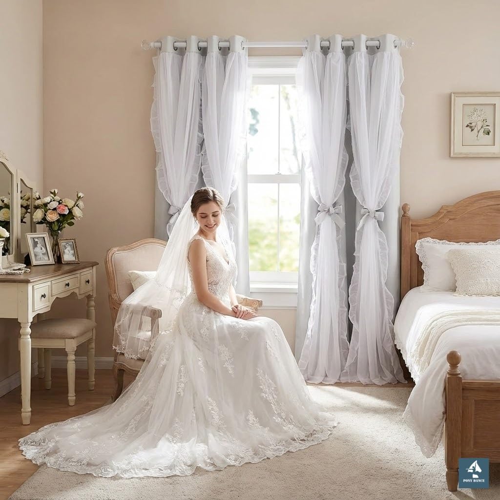 Greyish White Ruffle Double Layer Curtains Set of 2