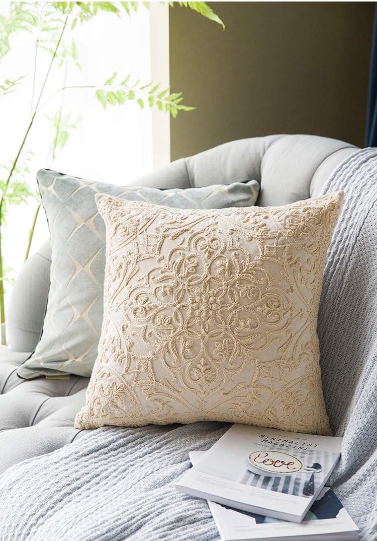 Beige Cotton Embroidered Pillow Covers Set of 2