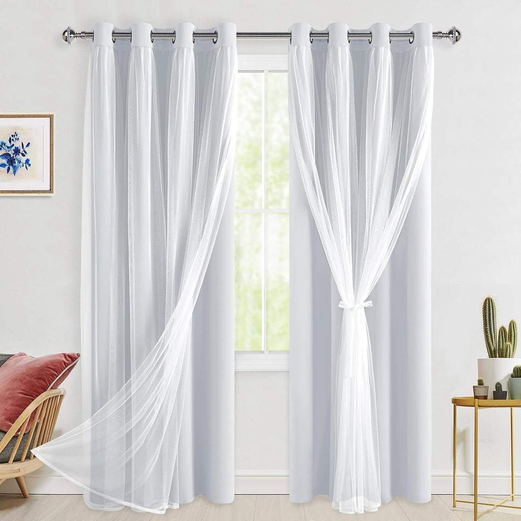 Greyish White Double Layer Blackout Curtains Set of 2