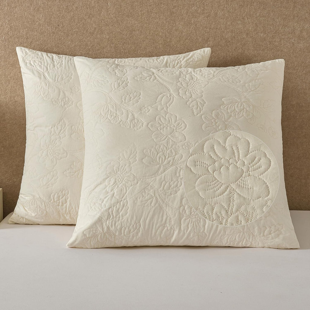 Cream Floral Quilted Cotton Euro Pillow Shams