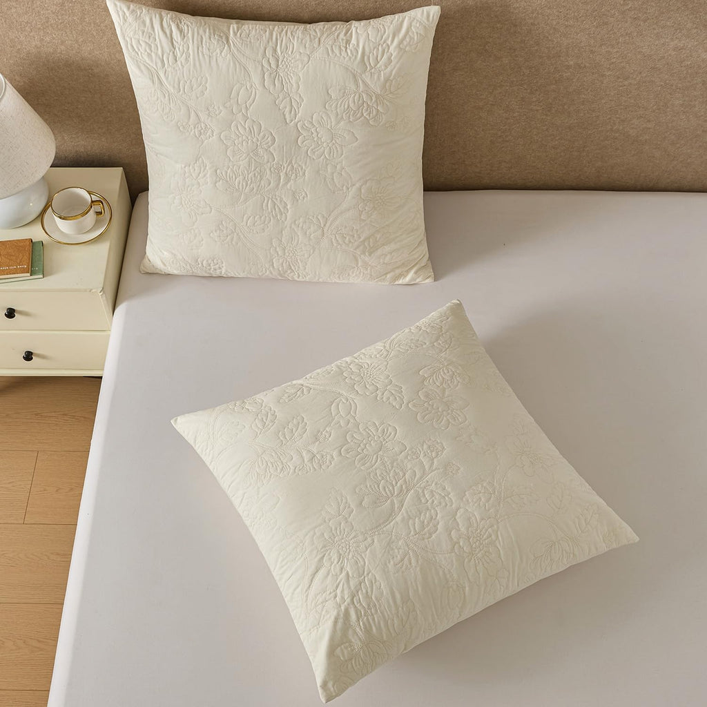 Cream Floral Quilted Cotton Euro Pillow Shams