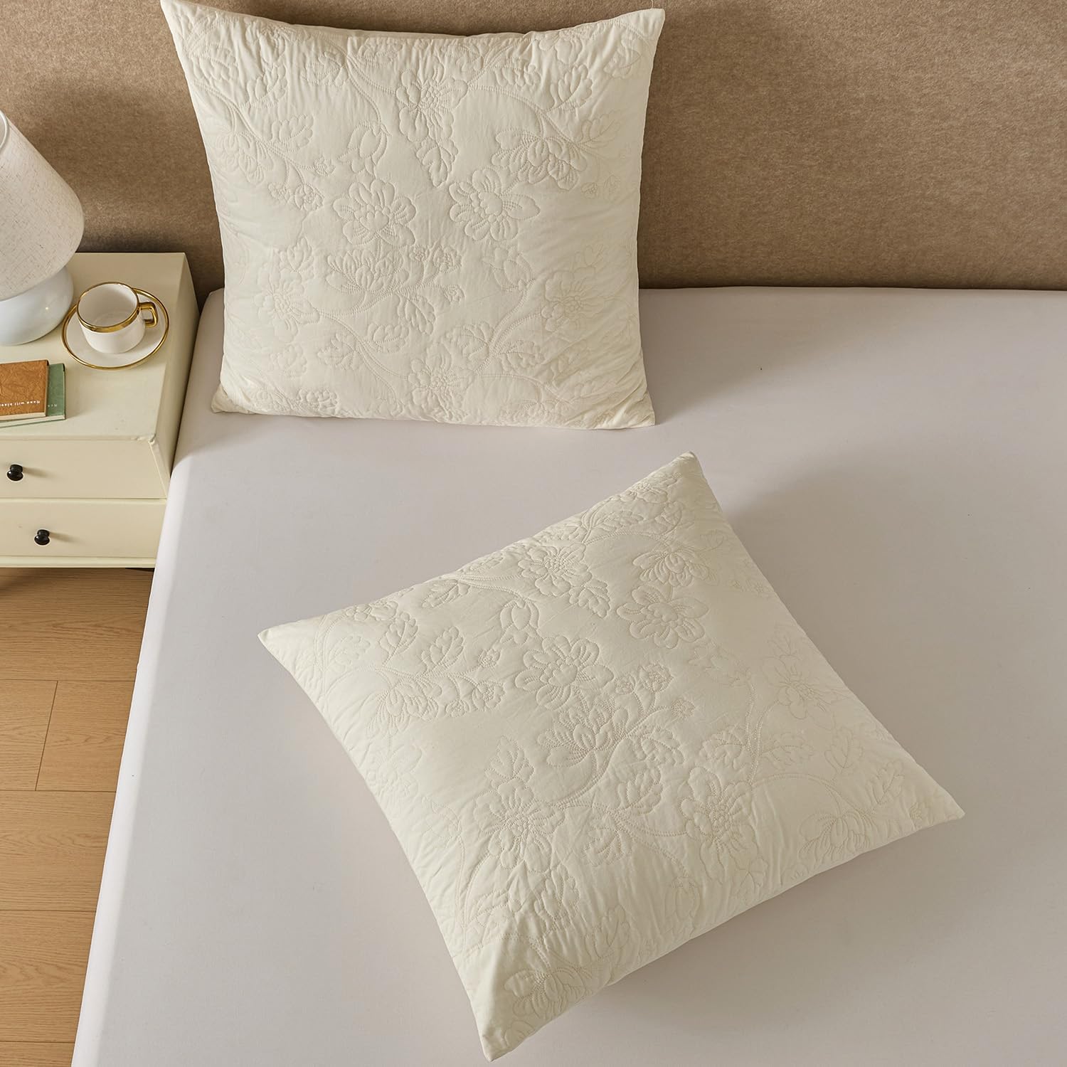 Cream Floral Quilted Cotton Euro Pillow Shams