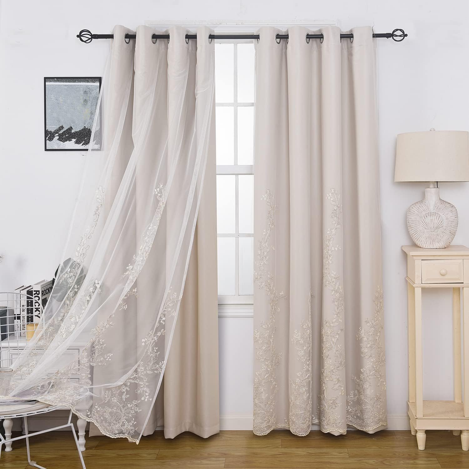 Beige Embroidered Tulle Double Layer Curtains Set of 2