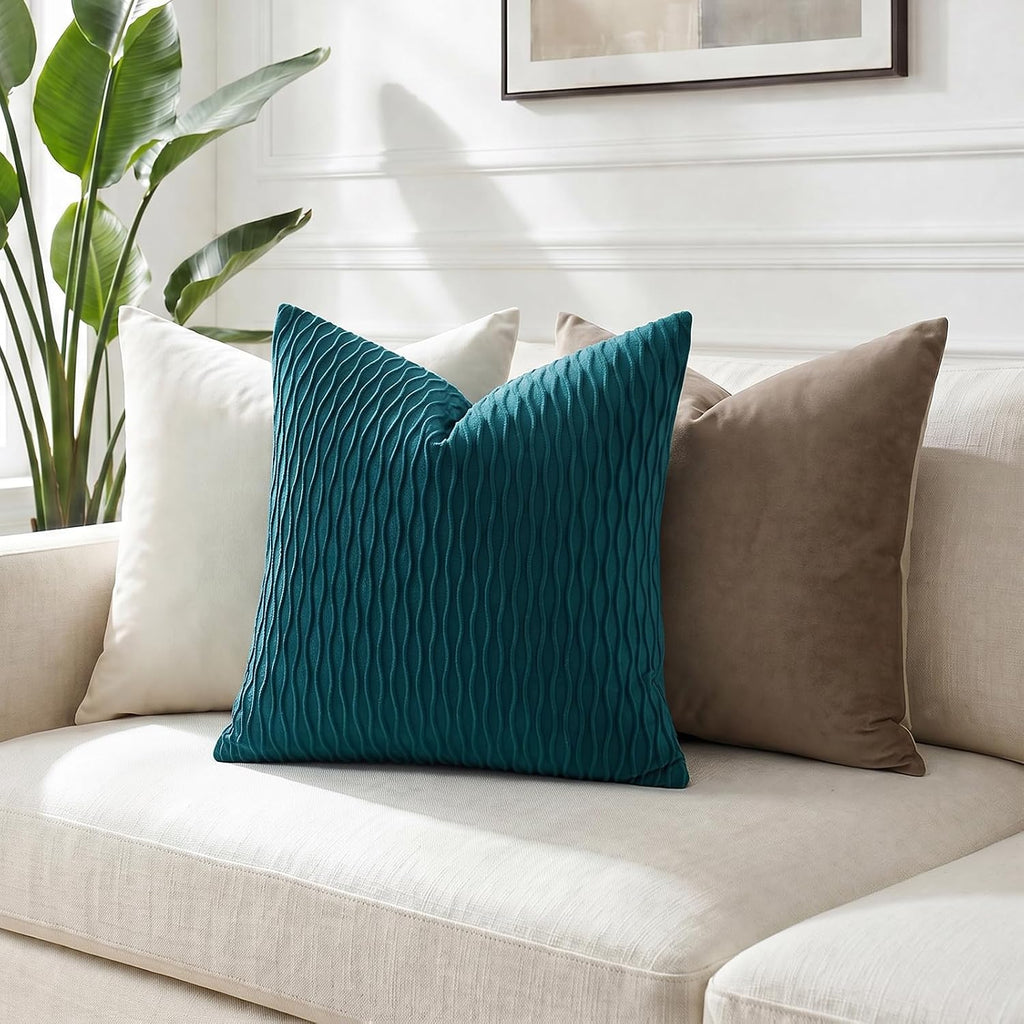 Teal Ripple Striped Velvet Pillow Covers Set of 2