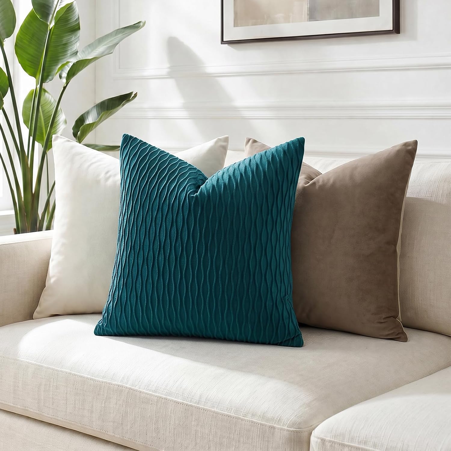 Teal Ripple Striped Velvet Pillow Covers Set of 2