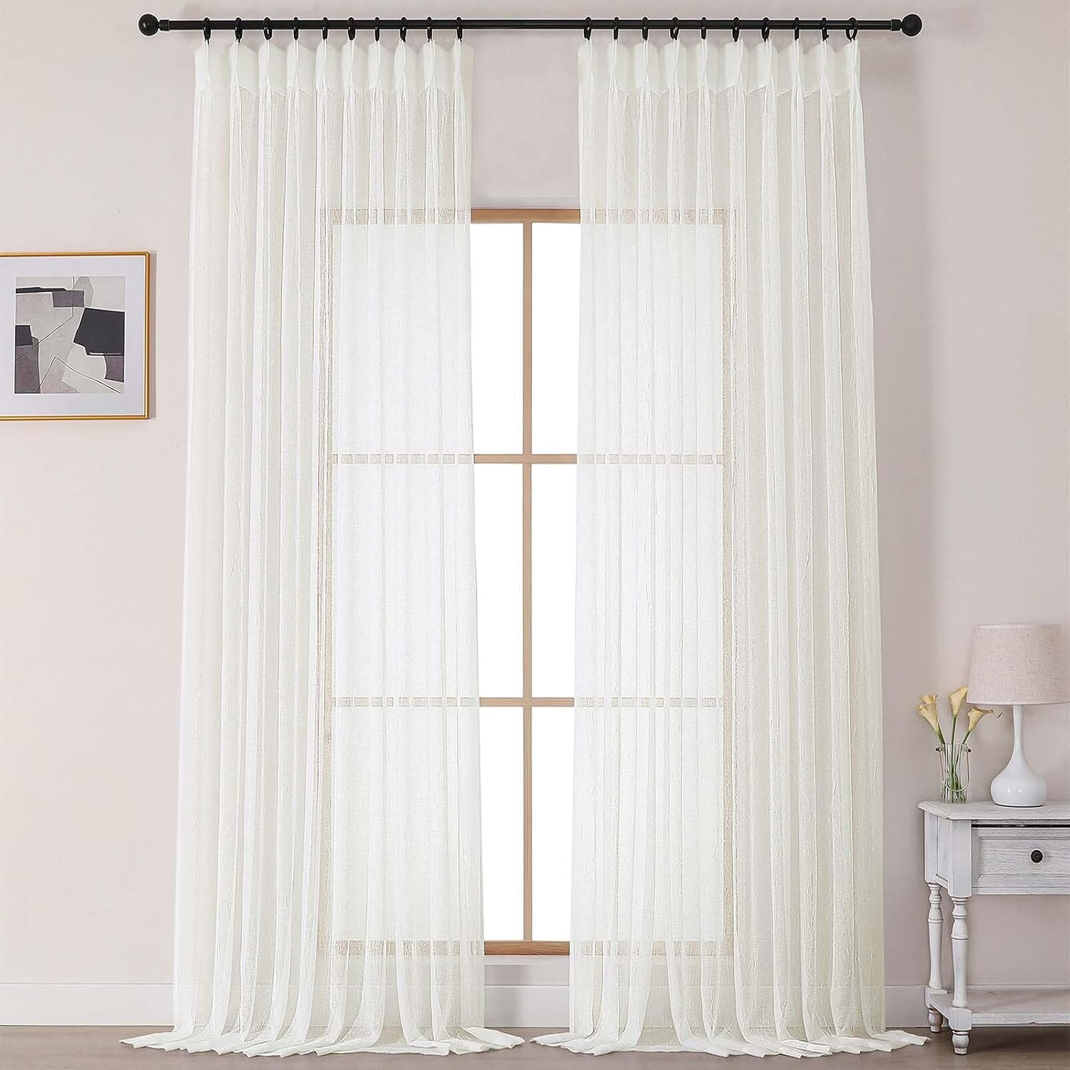 Ivory Pinch Pleated Textured Sheer Curtains Set of 2