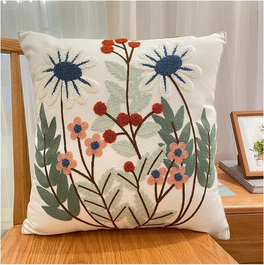 Embroidered Leaves Cotton Square Pillow Covers