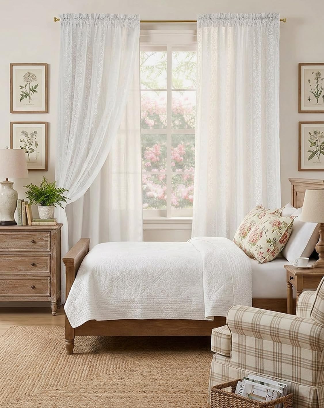 White Linen Floral Lace Overlay Curtains Set of 2