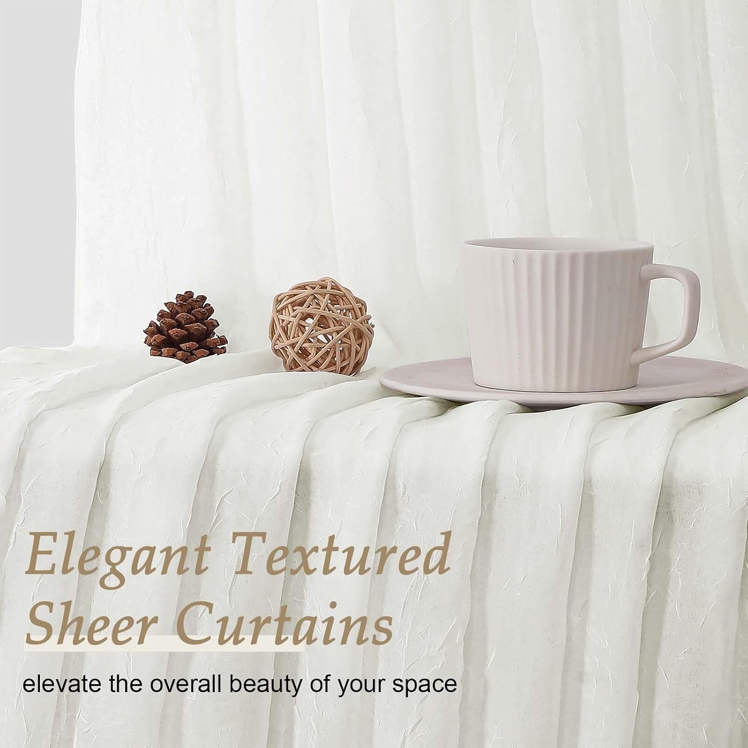 Ivory Pinch Pleated Textured Sheer Curtains Set of 2