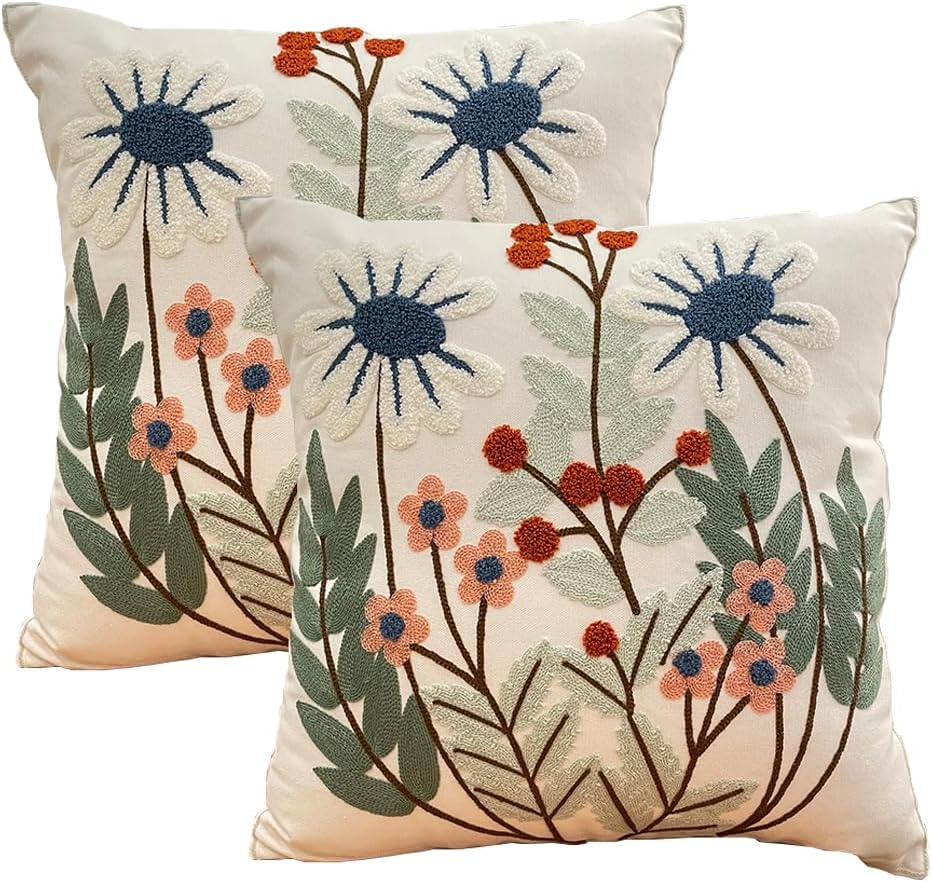 Embroidered Leaves Cotton Square Pillow Covers