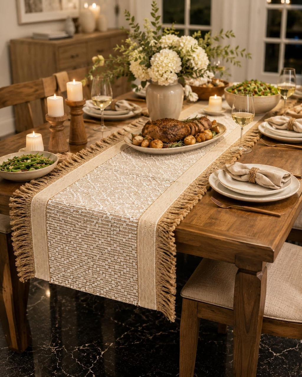 Diamond Fringed Jute Farmhouse Table Runner