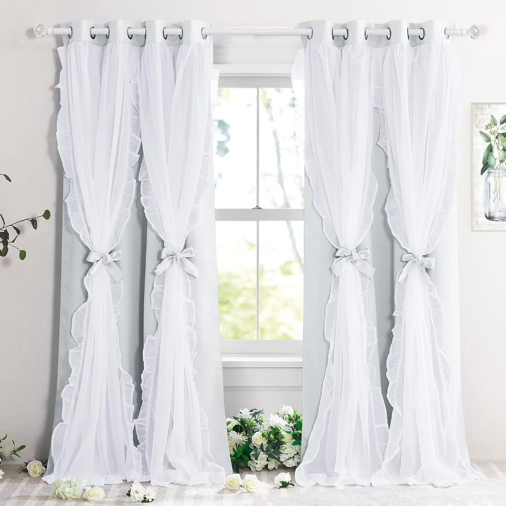 Greyish White Ruffle Double Layer Curtains Set of 2