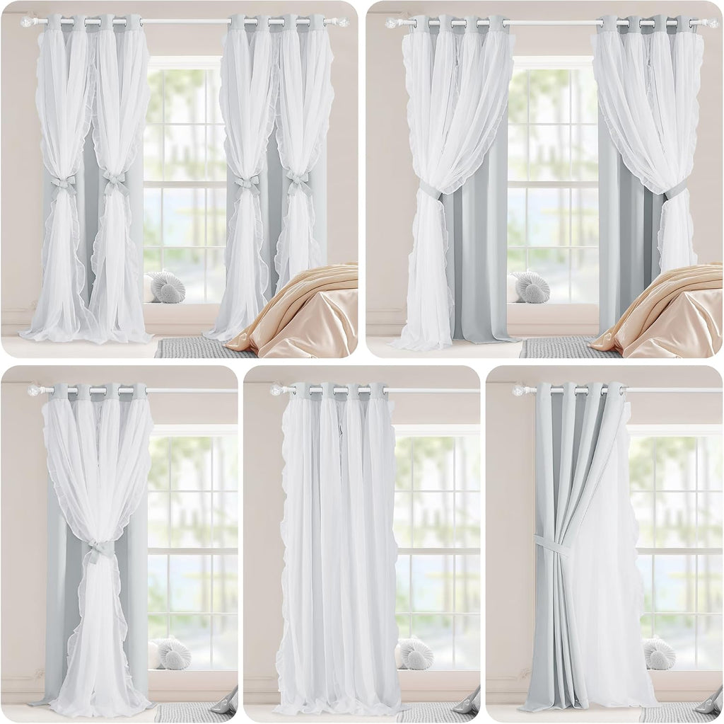 Greyish White Ruffle Double Layer Curtains Set of 2