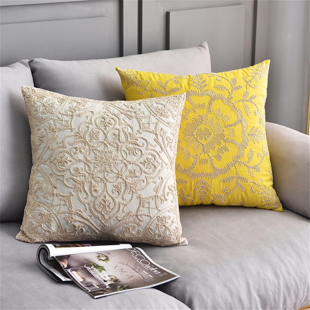 Beige Cotton Embroidered Pillow Covers Set of 2