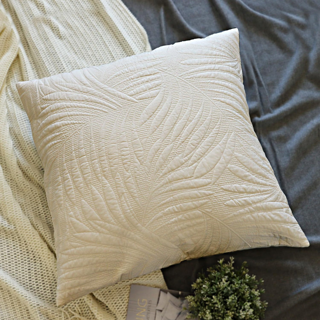 Cream Leaf Embroidered Cotton Euro Pillow Shams
