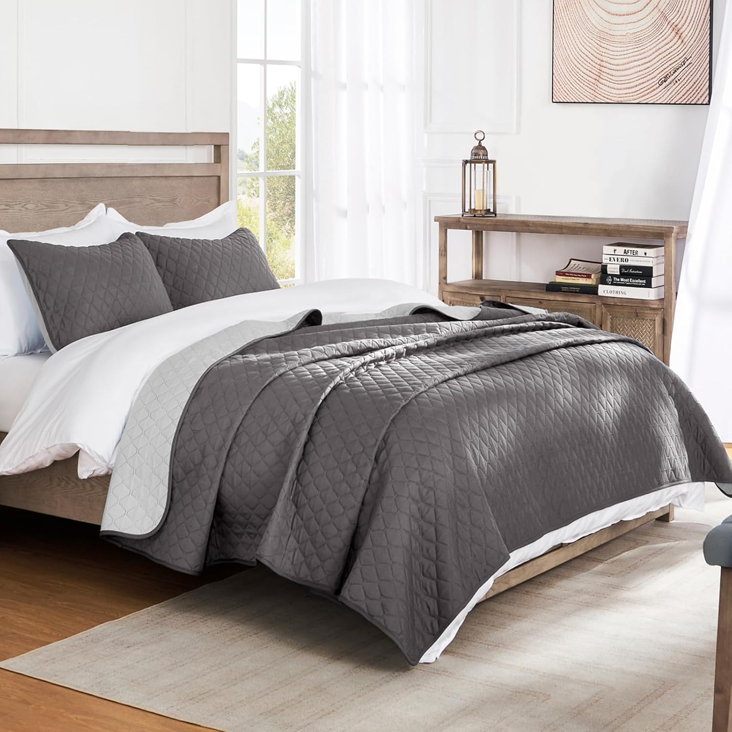 Reversible Grey Microfiber Quilt Bedding Set