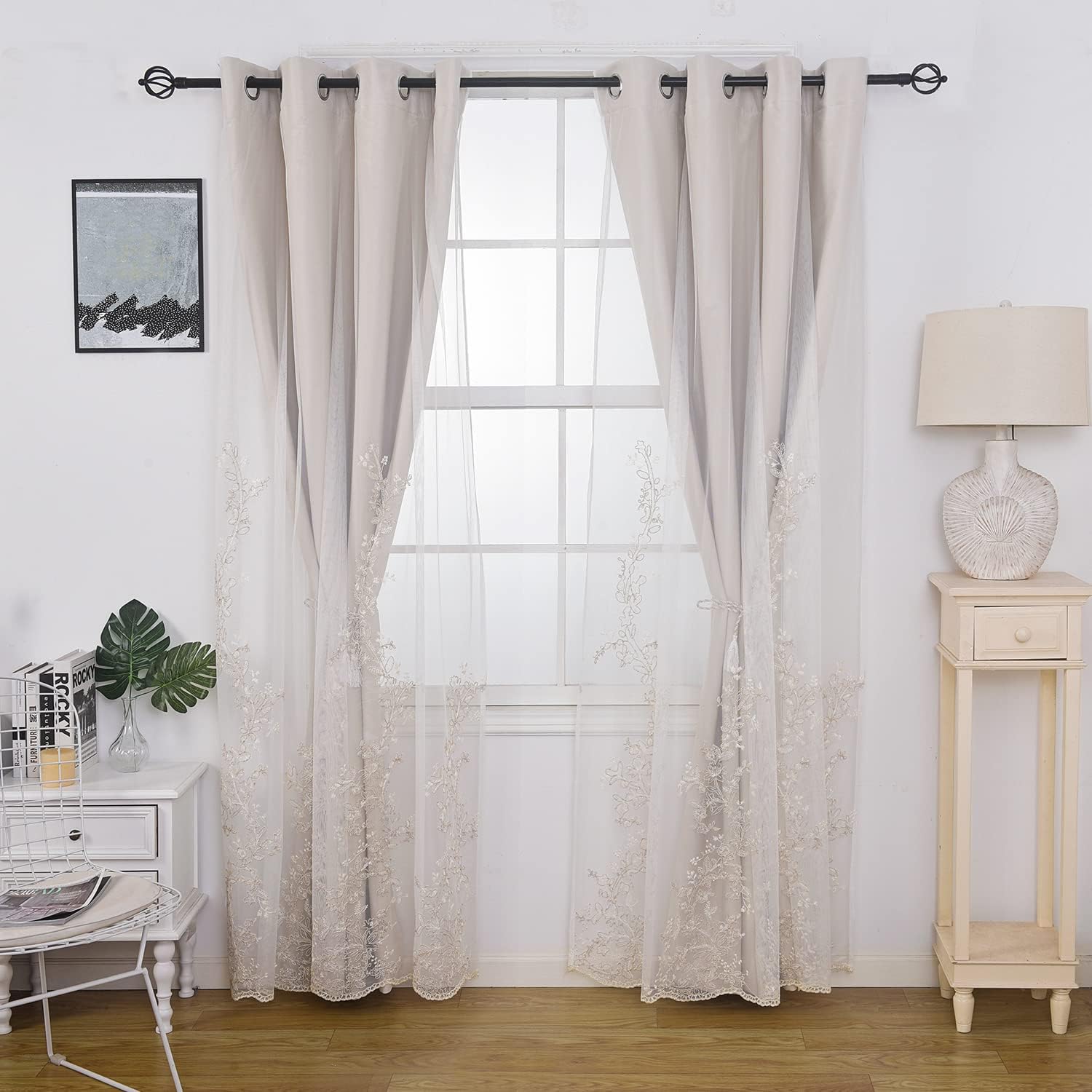 Beige Embroidered Tulle Double Layer Curtains Set of 2