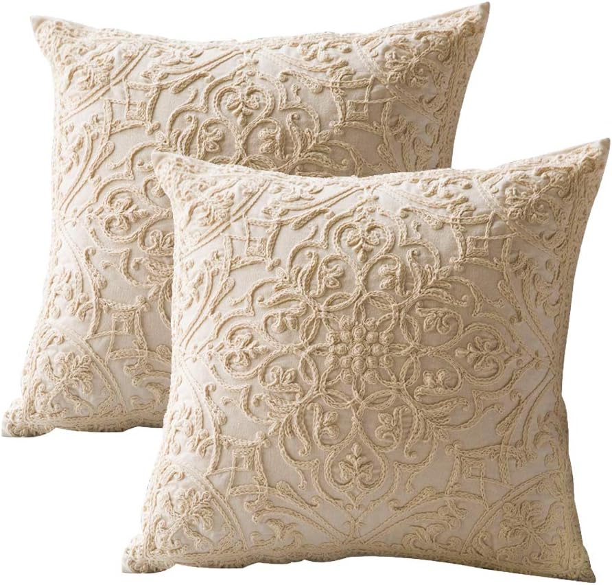 Beige Cotton Embroidered Pillow Covers Set of 2