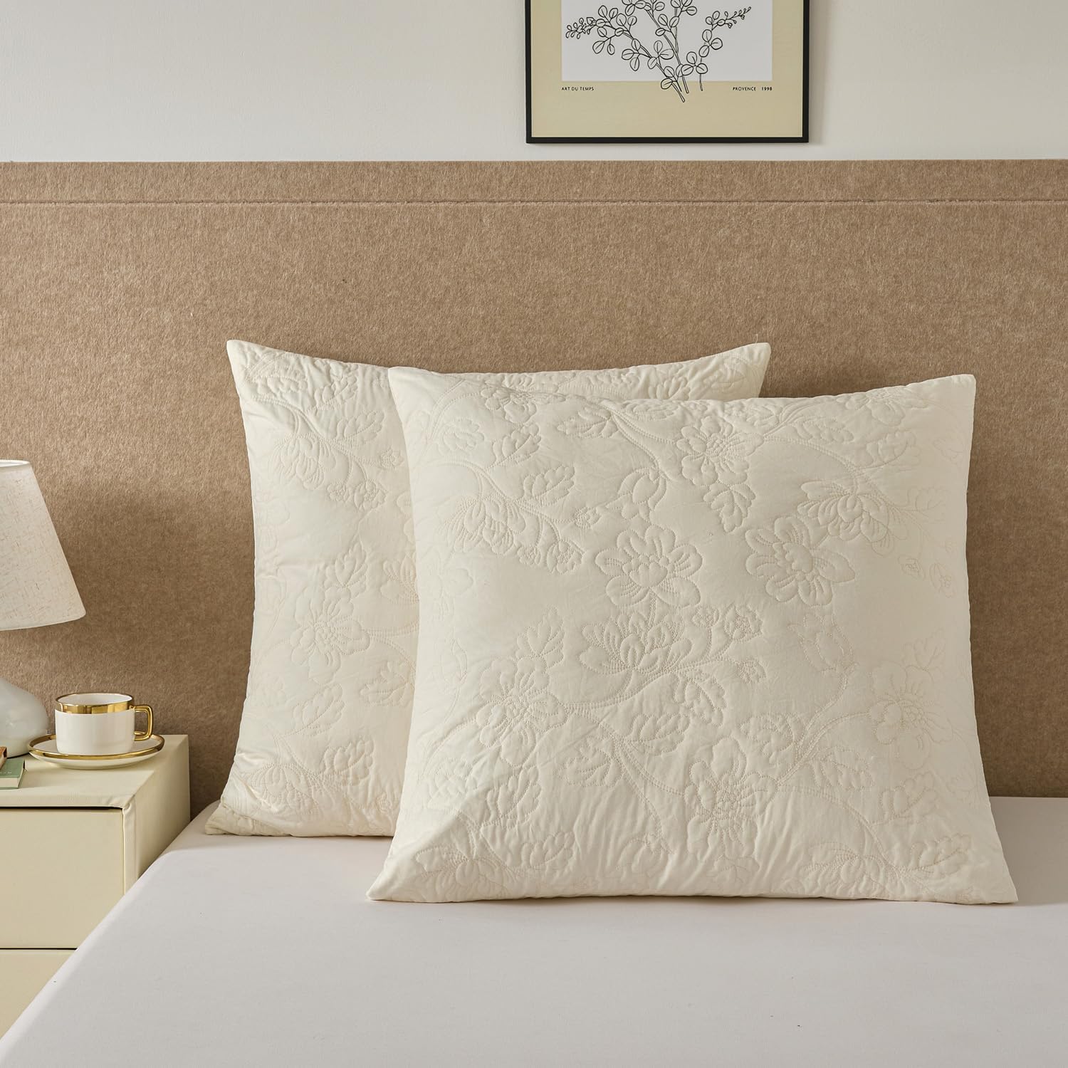 Cream Floral Quilted Cotton Euro Pillow Shams
