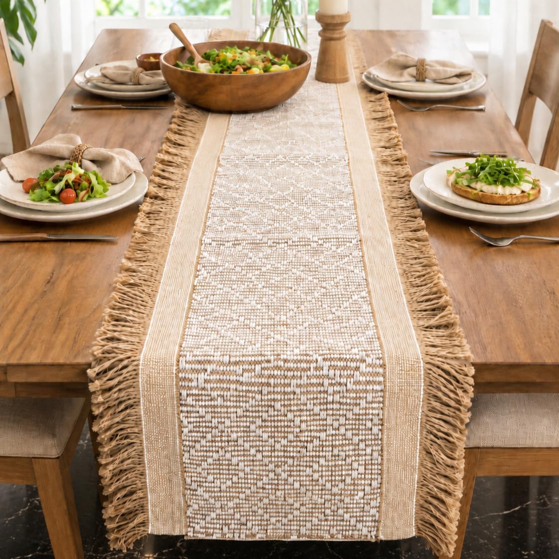 Diamond Fringed Jute Farmhouse Table Runner