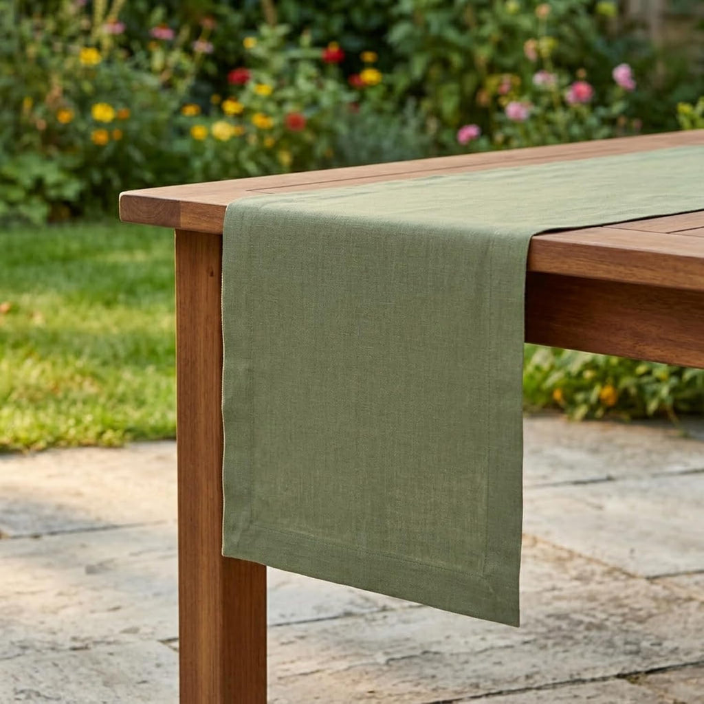 Pure Linen Oil Green Woven Table Runner