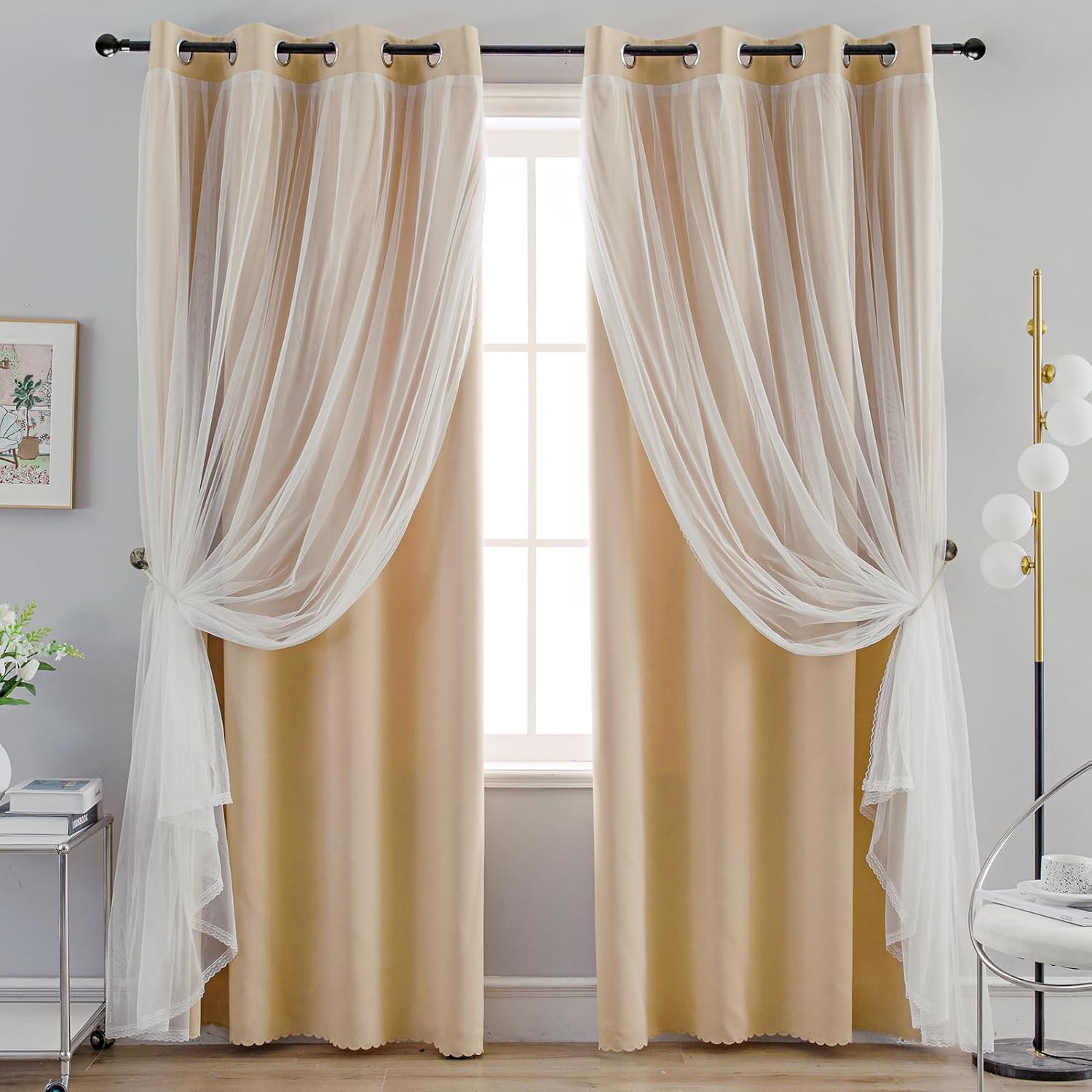 Beige Double Layer Blackout Curtains Set of 2