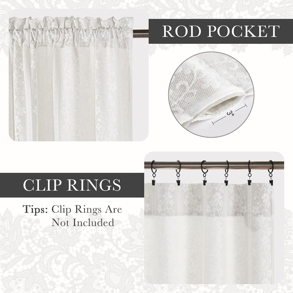 White Linen Floral Lace Overlay Curtains Set of 2