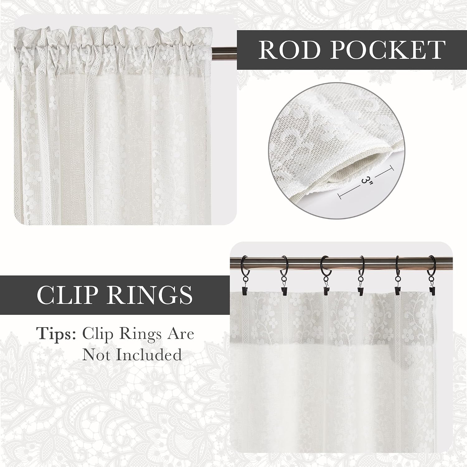 White Linen Floral Lace Overlay Curtains Set of 2
