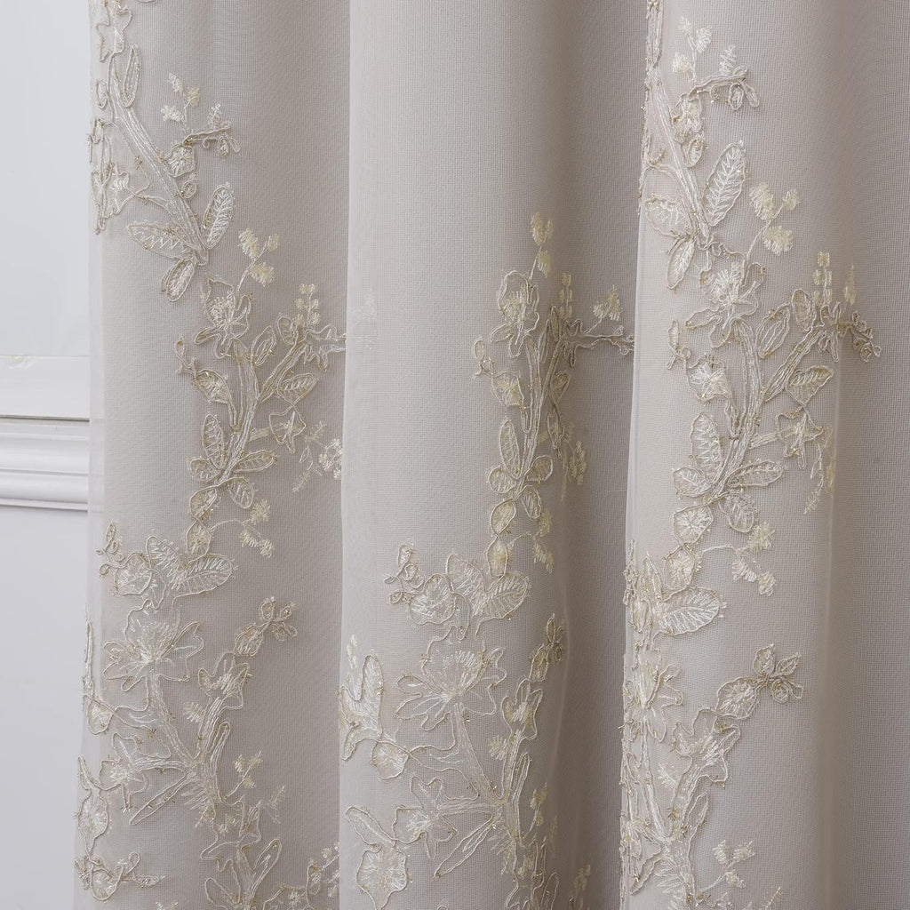 Beige Embroidered Tulle Double Layer Curtains Set of 2
