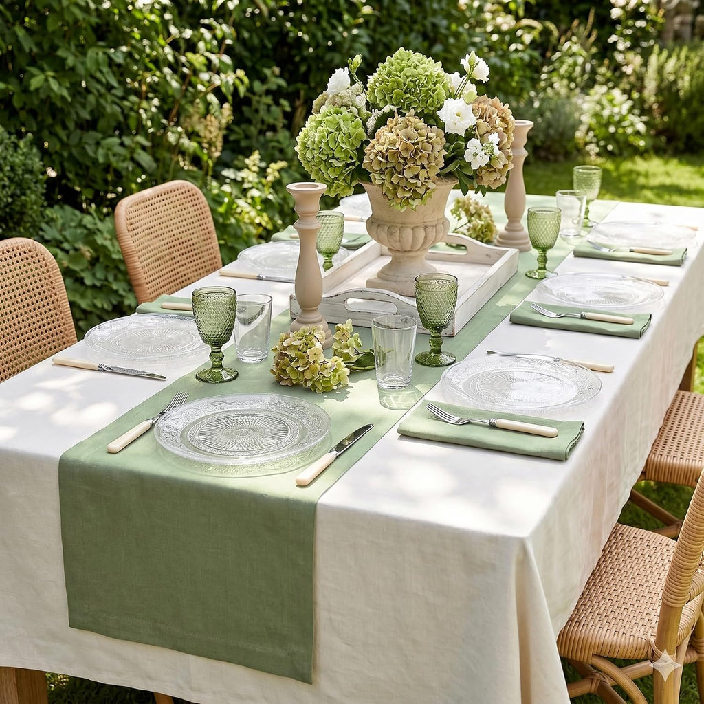 Pure Linen Oil Green Woven Table Runner