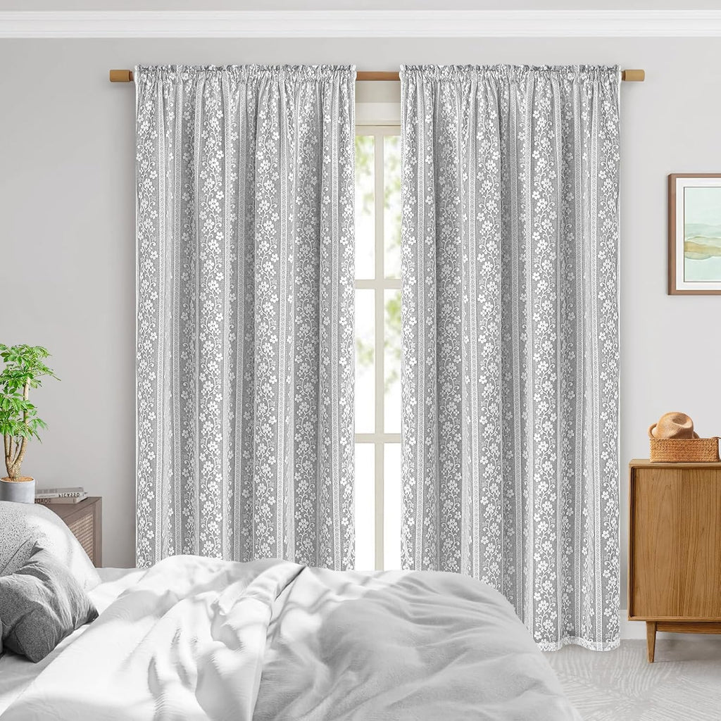 Grey Double Layer Linen Farmhouse Curtains Set of 2