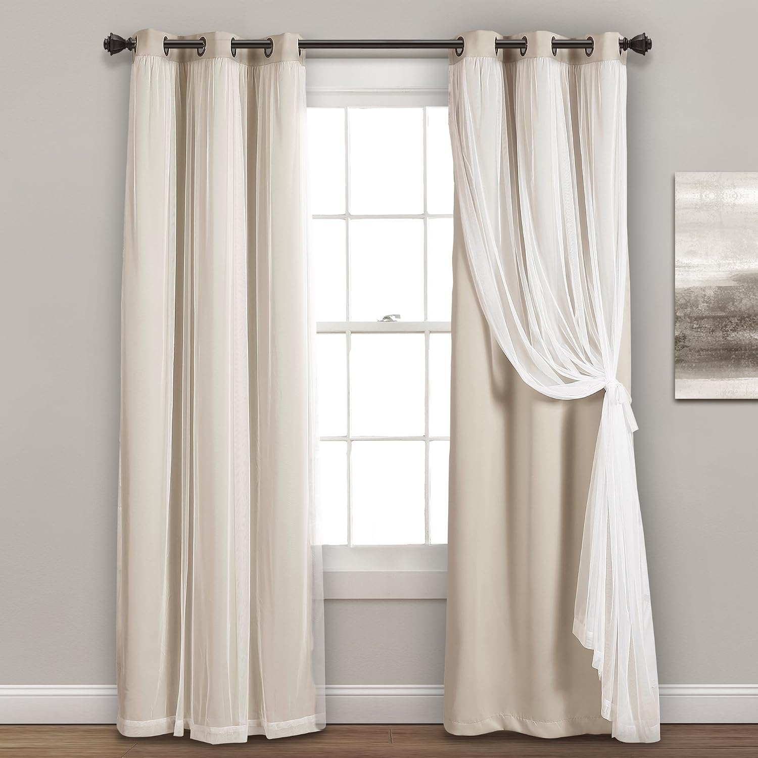 Wheat Sheer Overlay Blackout Curtains Set of 2