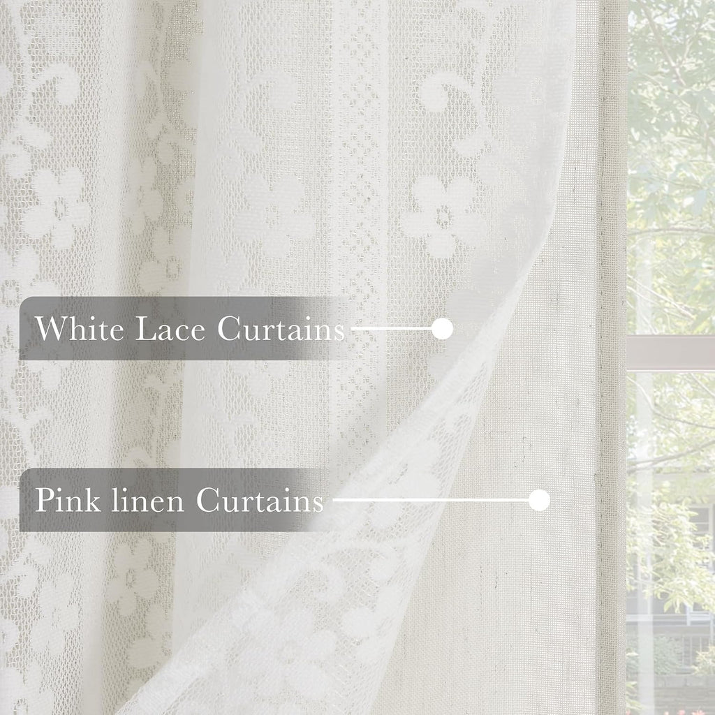 White Linen Floral Lace Overlay Curtains Set of 2