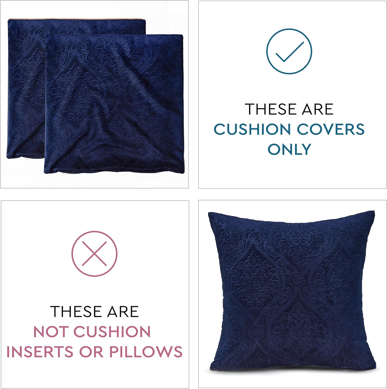 Navy Blue Embossed Velvet Pillow Covers Set of 2
