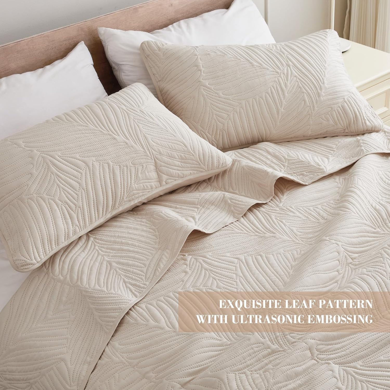 Leaf Pattern Beige Microfiber Quilt Set