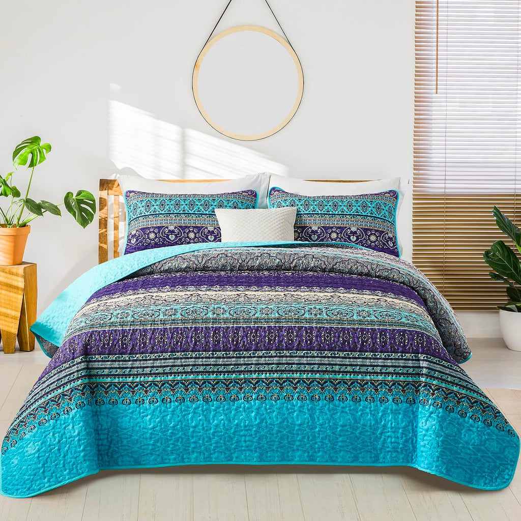 Boho Blue Purple Microfiber Quilt Set