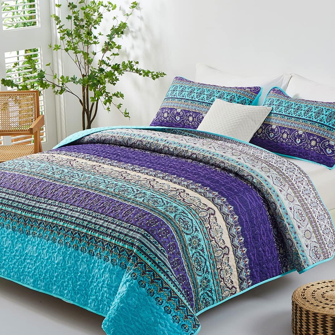 Boho Blue Purple Microfiber Quilt Set