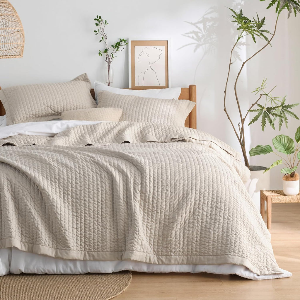 Striped Neutral Microfiber Quilt Bedding Set