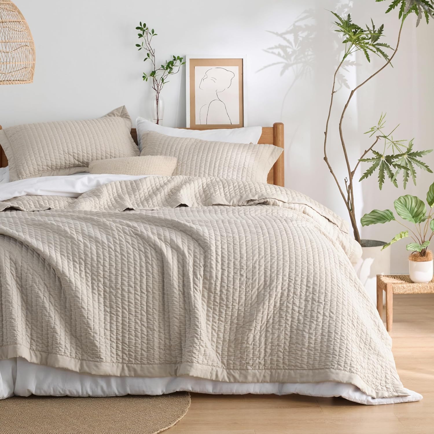 Striped Neutral Microfiber Quilt Bedding Set