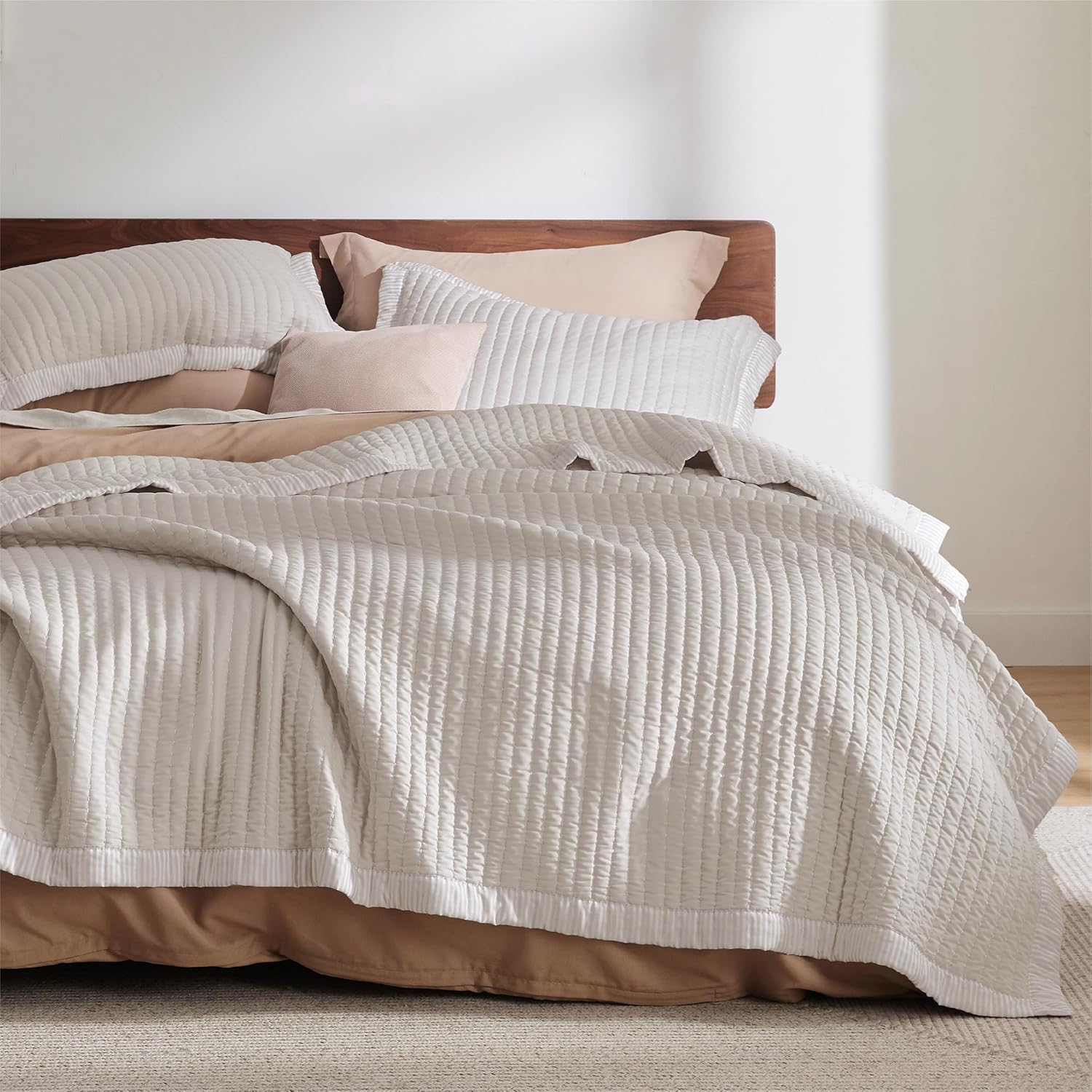 Striped Neutral Microfiber Quilt Bedding Set