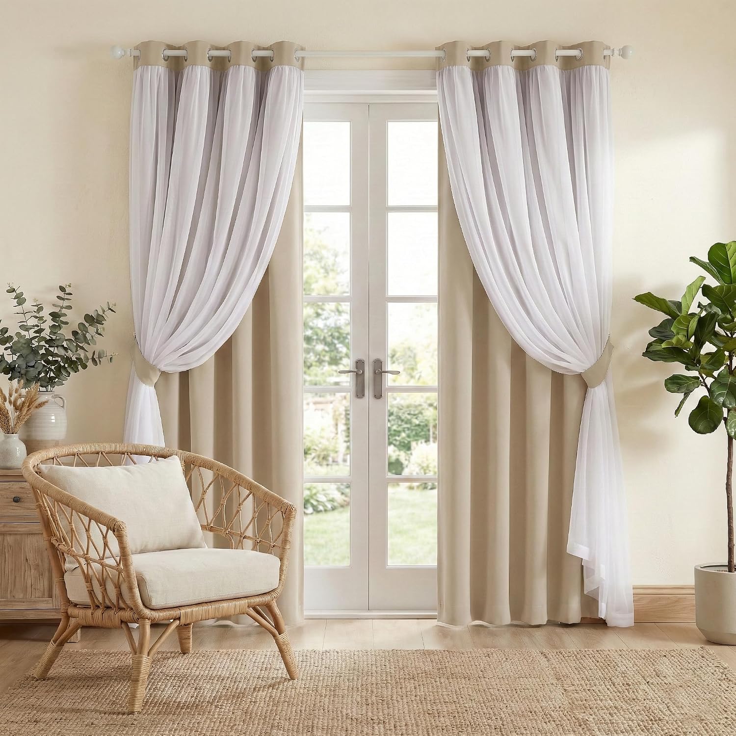 Biscotti Beige Double Layer Curtains Set of 2