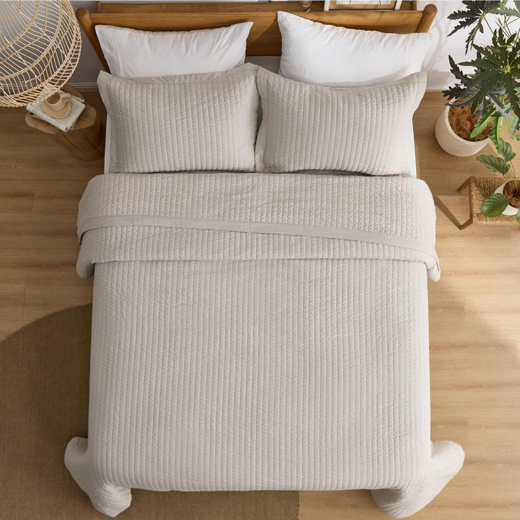 Striped Neutral Microfiber Quilt Bedding Set