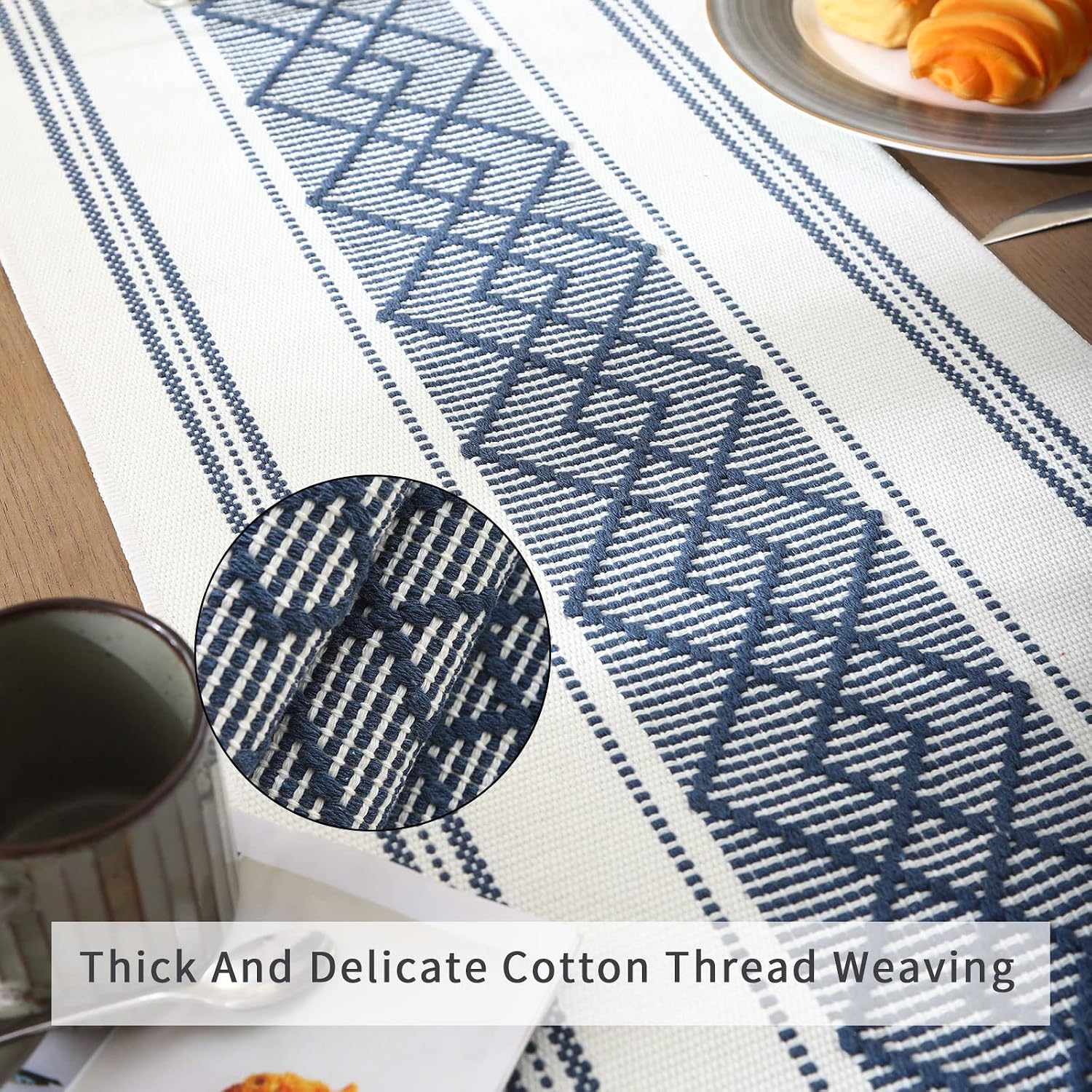 Tasseled Blue Boho Farmhouse Table Runner