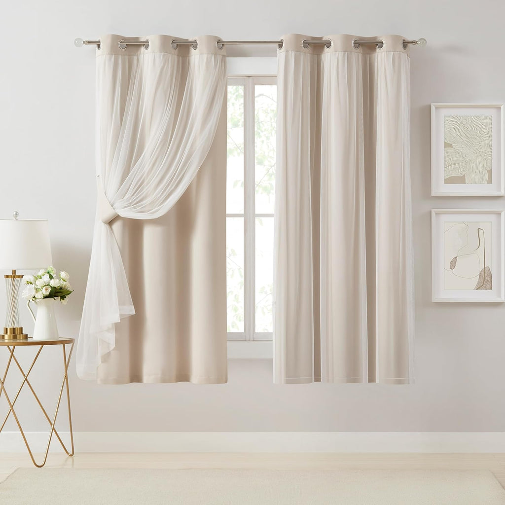 Beige Double Layer Blackout Curtains Set of 2