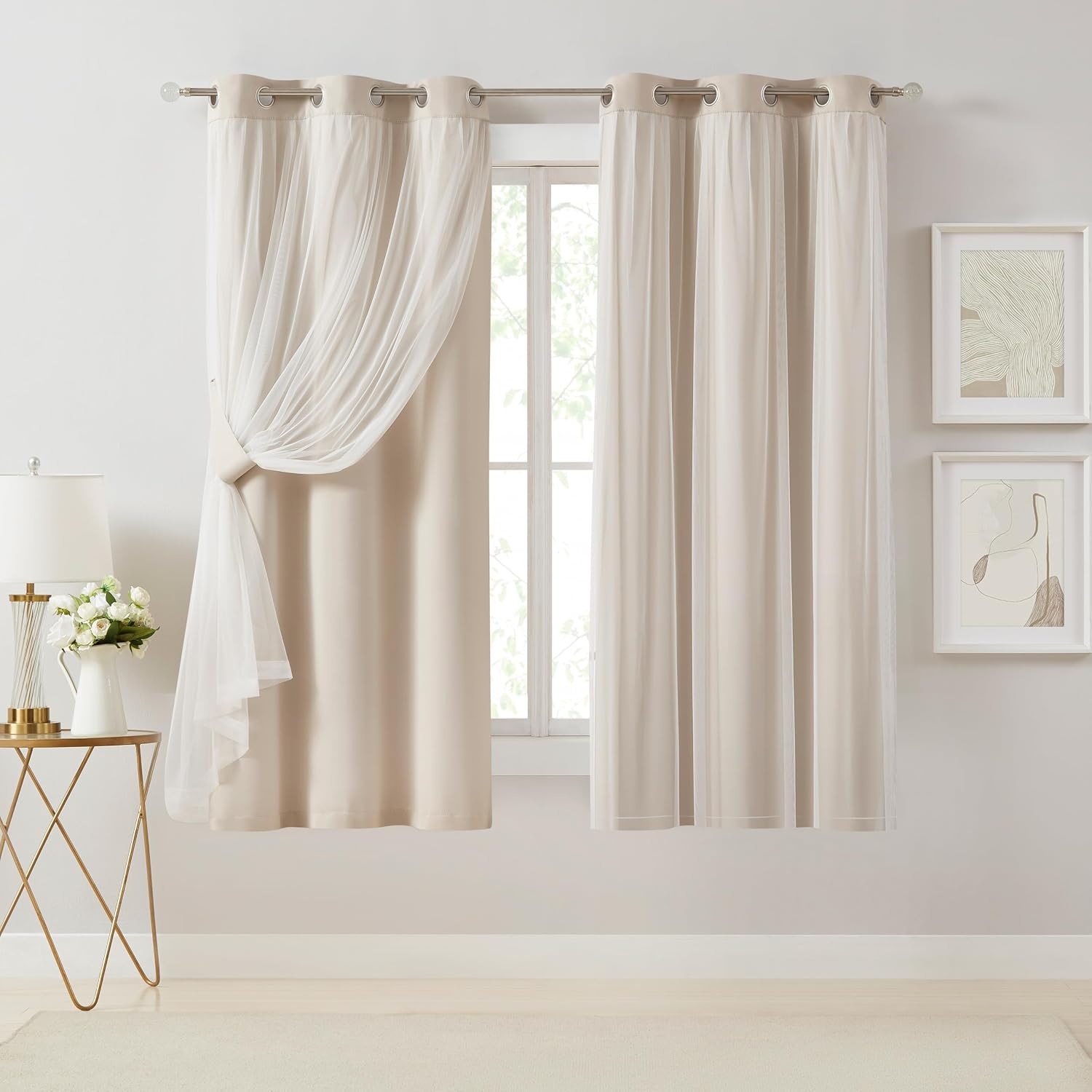 Beige Double Layer Blackout Curtains Set of 2