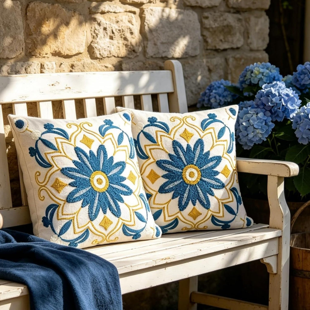 Boho Floral Embroidered Coastal Pillow Covers