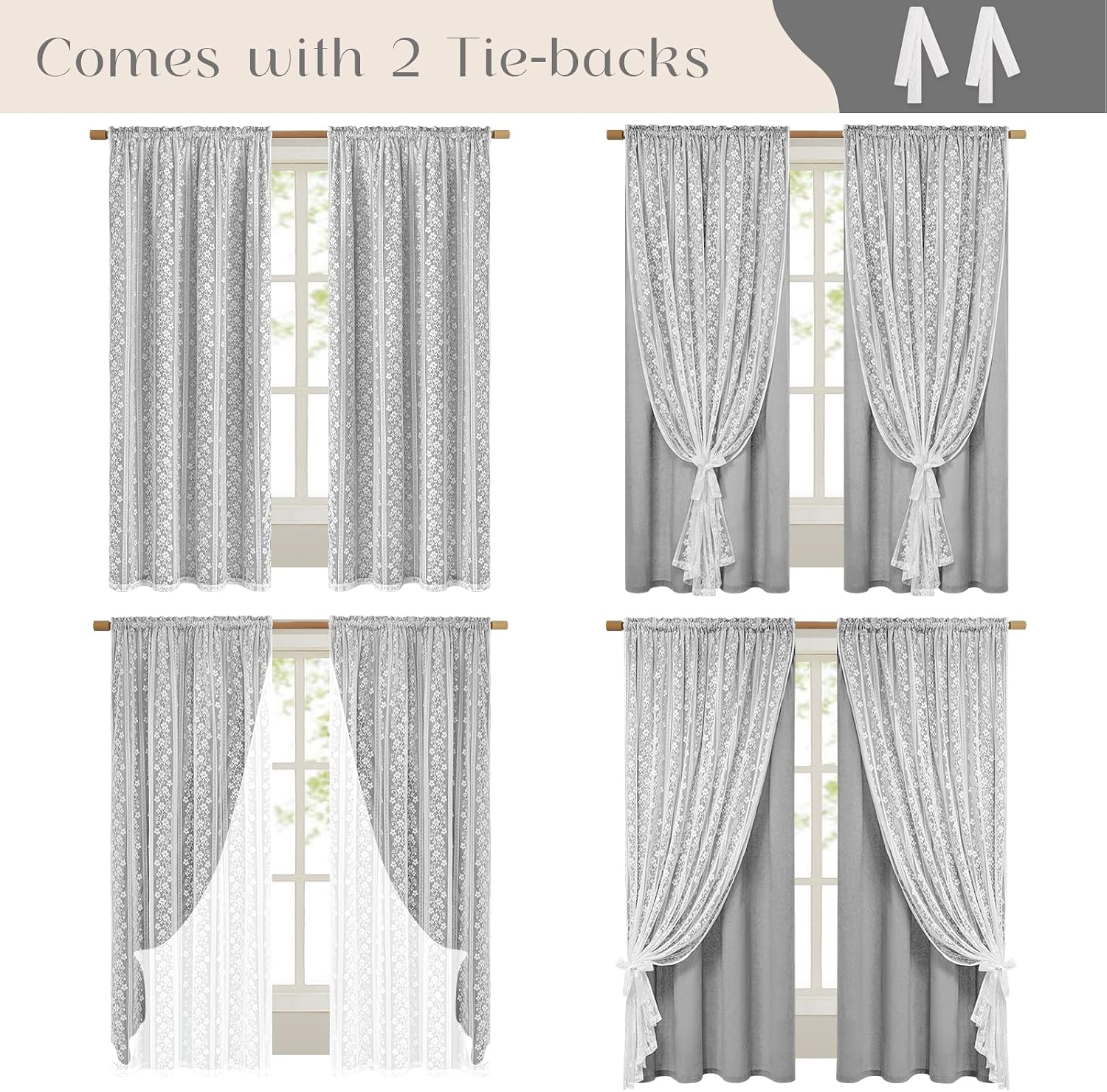 Grey Double Layer Linen Farmhouse Curtains Set of 2