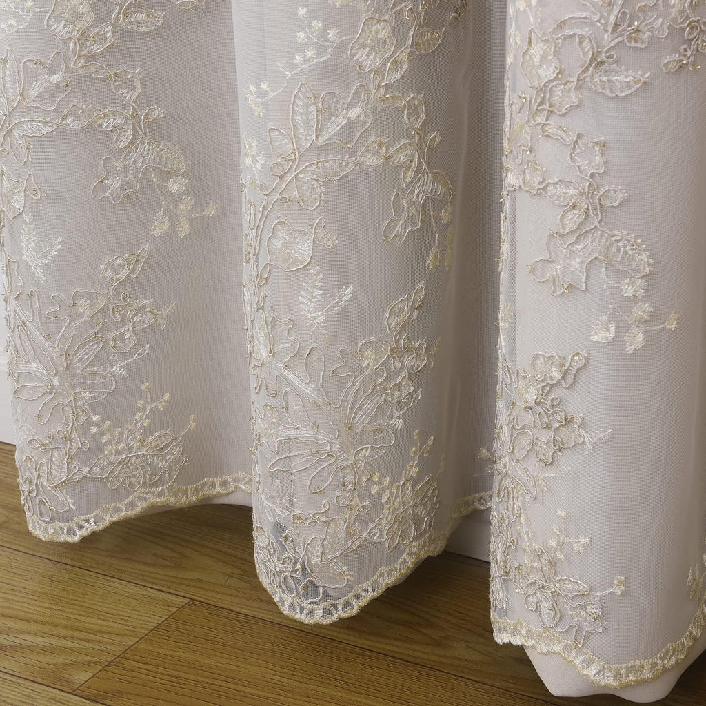 Beige Embroidered Tulle Double Layer Curtains Set of 2
