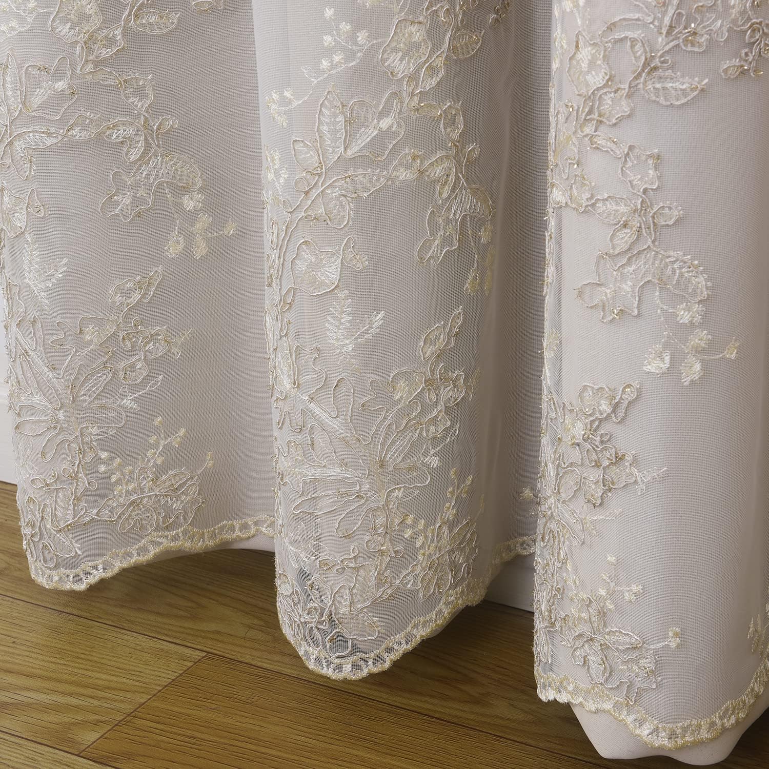 Beige Embroidered Tulle Double Layer Curtains Set of 2